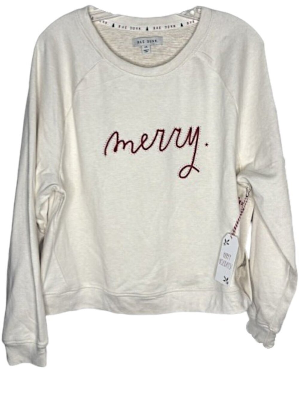 Rae Dunn Christmas Holiday Velour Embroidered Sweater Crystals - Cream/Red - L